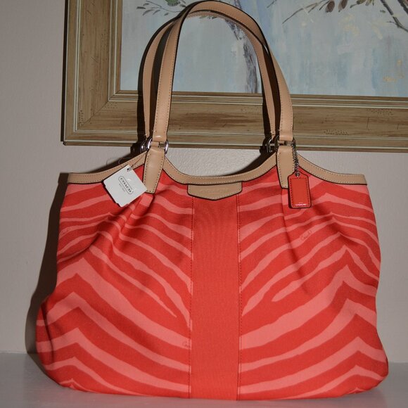 Coach NEW orange Devin Stripe Signature Exotic colorful leather strap tote bag - Picture 7 of 15